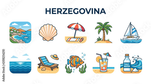 Bild auf Leinwand Herzegovina Travel and Leisure Icons Set.