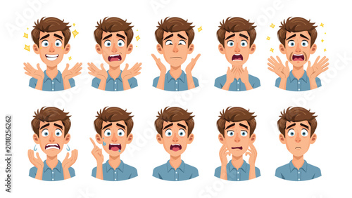 Foto Various Emotions of a Young Man: A collection of cartoon illustrations depicting a young man expressing a wide range of emotions, from joy and surprise to fear and disbelief