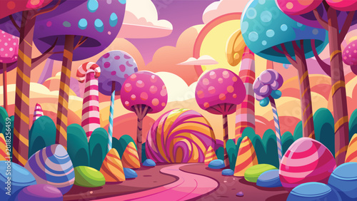 Schilderij op canvas Colorful candy land forest with sweet treats and a winding path in a magical fan