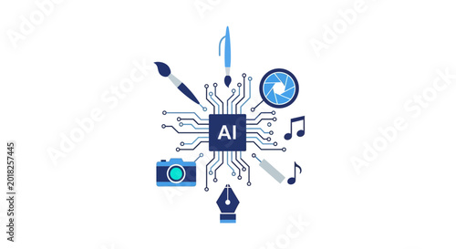 Φωτογραφία Digital creativity concept with artificial intelligence processor chip connecting to art, music, photography, and writing tools, flat vector illustration