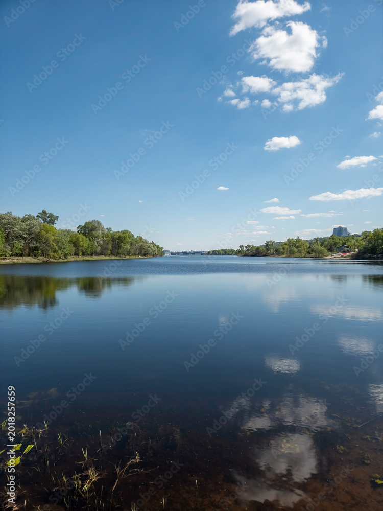Obraz premium River Lake Summer Blue Sky Calm Water Reflection Nature Green Trees Tranquil