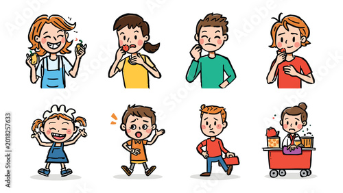 Dental Health Icons: A set of cartoon illustrations depicting children and adults experiencing various dental sensations and activities, from enjoying treats to feeling discomfort.