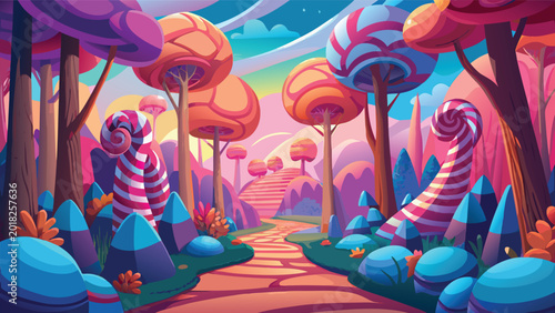 Foto Colorful candy forest landscape with lollipop trees and a winding path in a magi