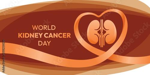 World kidney cancer day - Orange kidney sign in orange ribbon roll to heart shape around vector design