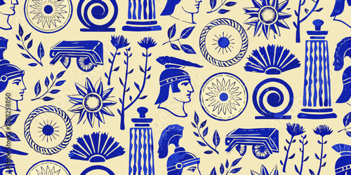 Photos ancient greek pattern with helmet shield and floral elements
