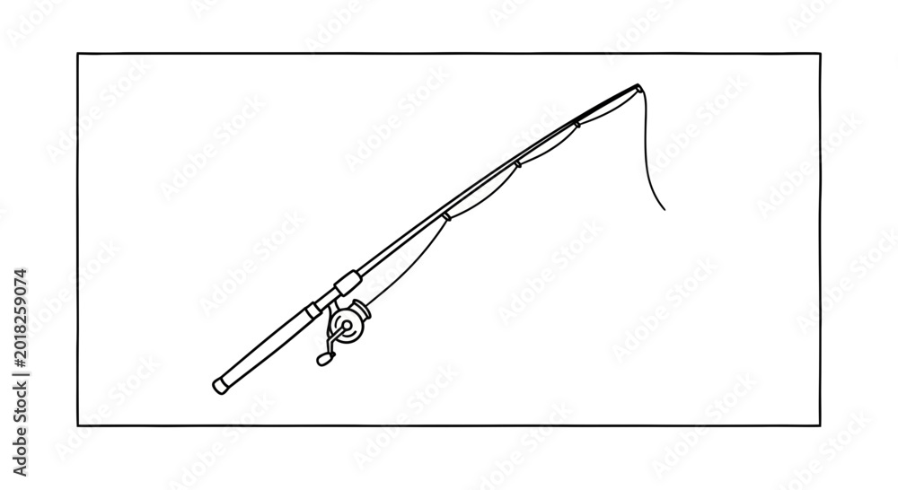 Fototapeta premium Fishing rod with reel and line, simple line drawing, isolated on white background