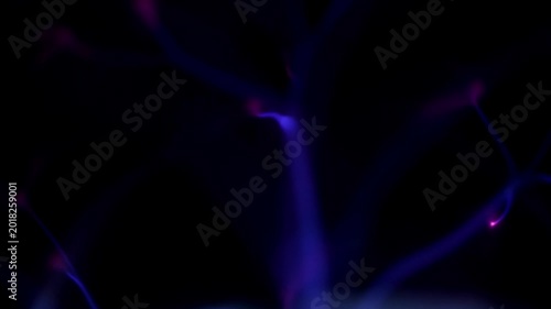 A mesmerizing close-up of thin blue electric arcs with glowing pink terminals moving smoothly within a plasma globe against a pitch-black background.