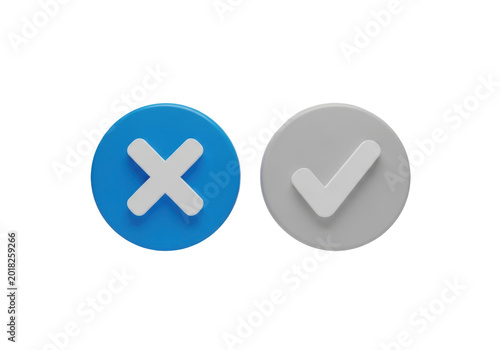 3d render of blue cross mark and grey check mark isolated on transparent background