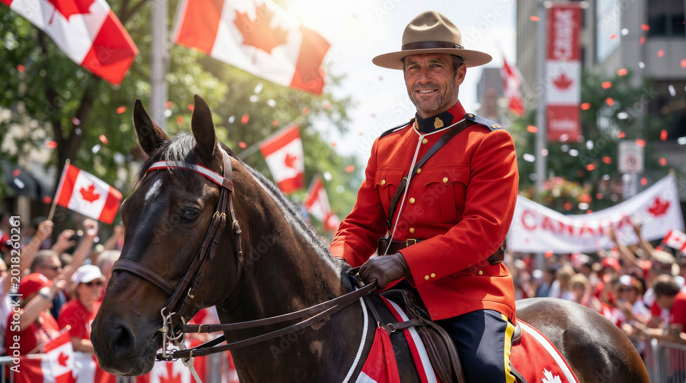 Obraz premium Canadian Mountie riding horse in parade with flags and crowd 