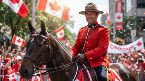 Canadian Mountie riding horse in parade with flags and crowd  