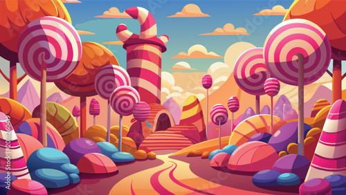 Fotografía Magical candy land landscape with giant lollipops and colorful sweet treats in a