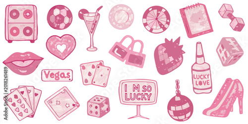 Photography Las Vegas themed illustrations set pink color palette isolated