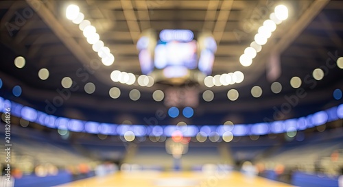 Abstract blurred background of a large indoor sports arena with bright bokeh lights.