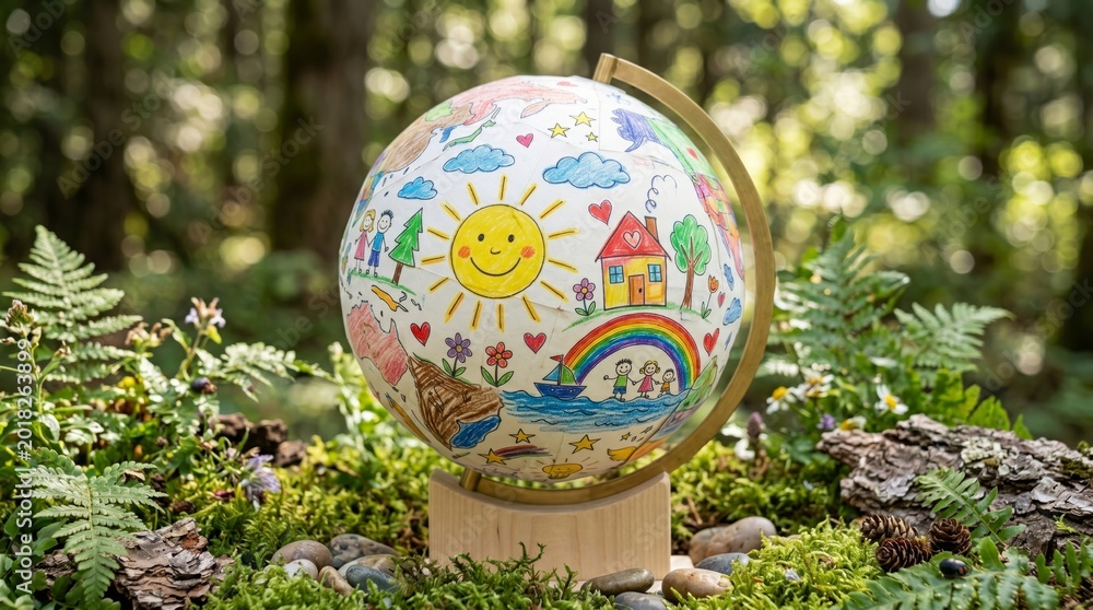 Naklejka premium Globe with child drawing on surface standing on moss in forest. Earth Day concept with colorful kids art representing nature, family and home. Sustainable environment protection idea.