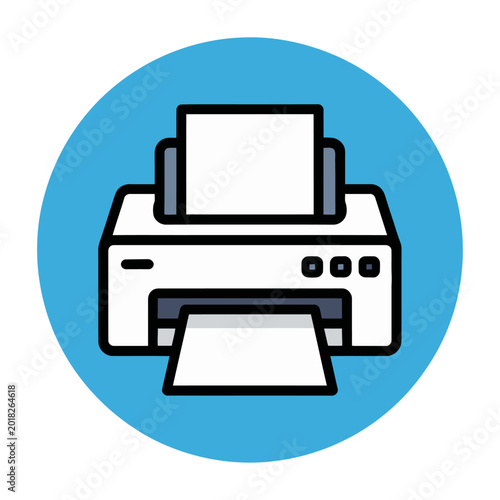 Modern desktop printer isolated on blue circle vector flat design