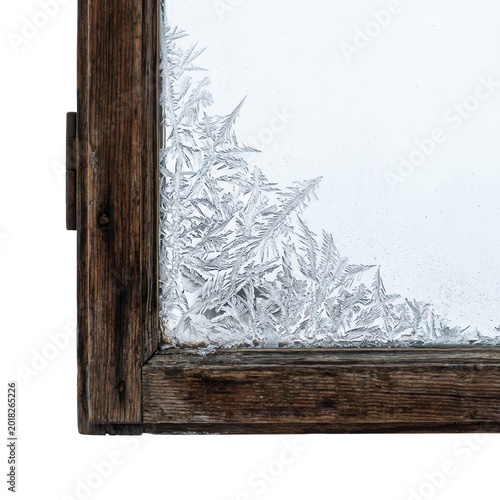 Rustic Wooden Window Frame With Delicate Winter Frost Crystals