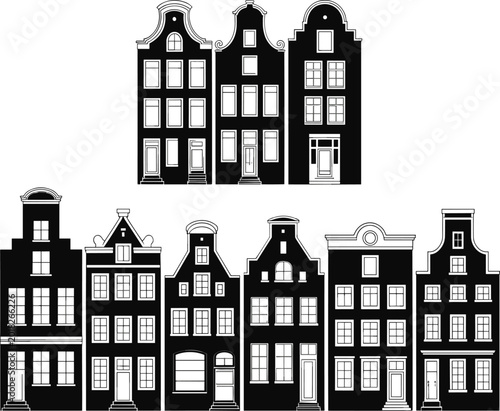 Tableau sur toile Black silhouette illustrations of traditional Dutch canal houses with ornate gab