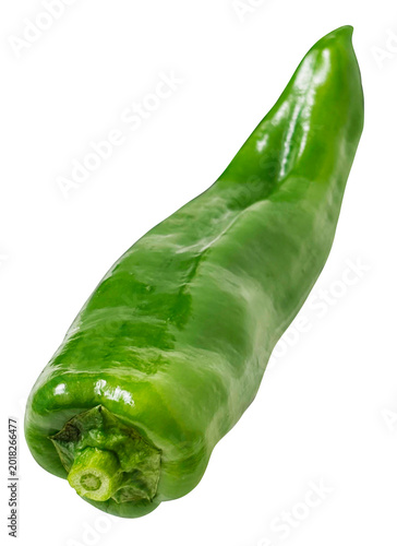 Foto 万願寺とうがらし 1個の切り抜き。新鮮な甘長唐辛子の斜め俯瞰カット (Manganji green pepper isolated