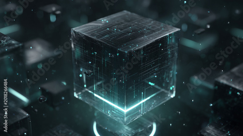 Minimal Futuristic Cyber Security Cube Floating in Dark Digital Space