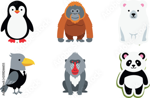 Konstfotografi Cute wild animal characters set featuring penguin orangutan polar bear crow mand