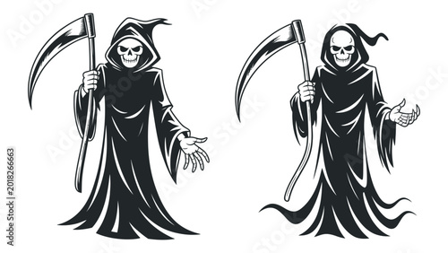 Schilderij op canvas Grim Reaper vector illustration, scythe black and white death symbol end of life