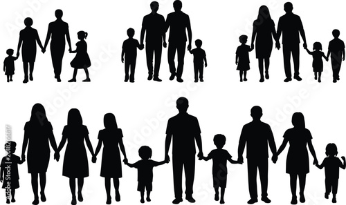 Bild auf Leinwand Black silhouettes of families standing together holding hands, showcasing unity,