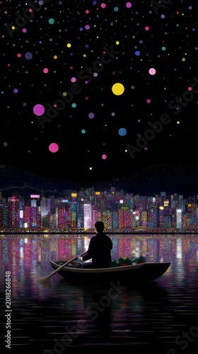 A solitary figure in a boat gazes at a skyline illuminated by colorful lights. Stars twinkle above, creating a magical atmosphere that enchants the night