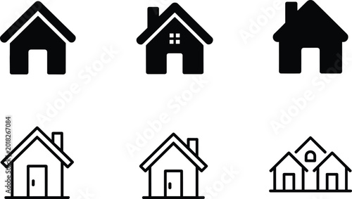 Foto Black silhouettes of house icons with chimneys, doors, and grouped outlines, rep