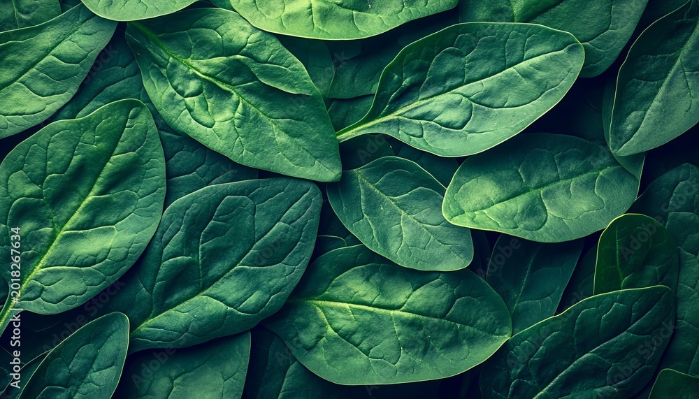Fototapeta premium Flat Lay of Fresh Spinach Leaves Showcasing Textures and Vibrant Hues for Culinary Background Use.