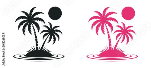 Foto Tropical palm trees vector illustration, dual palm tree island icons tropical be
