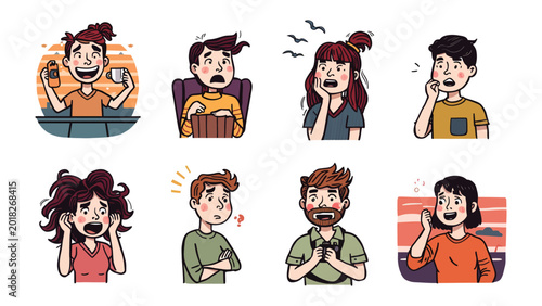 Fotografie Cartoon Expressions of Worry and Concern: A collection of eight diverse cartoon characters display various expressions of worry, anxiety, and nervousness, set against a vibrant, abstract background