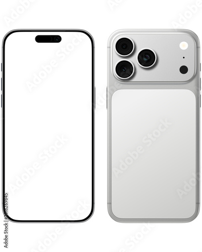 Front and Back View silver iphone 17 pro Smartphone mockup, transparent background