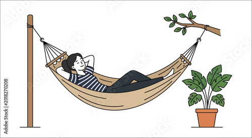 Photography Woman relaxing in a hammock line art illustration on white background