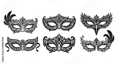 Bild auf Leinwand Venetian masks collection black silhouettes on white background