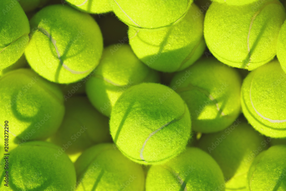 Fototapeta premium Background, sport and tennis with balls for competition, game or tournament as wallpaper. Equipment, fitness and pile with supplies closeup for match practice, skills development or training session