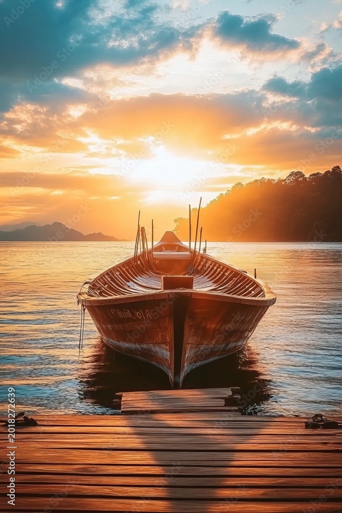Fototapeta premium Traditional Thai Wooden Fishing Boat Calmly Moored at a Pier During a Colorful Golden Sunset Sky