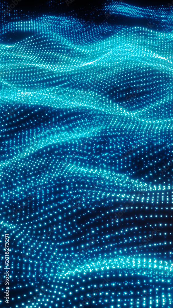 Obraz premium Flowing blue particle waves forming a luminous digital landscape, ideal for technology, data, and futuristic abstract backgrounds