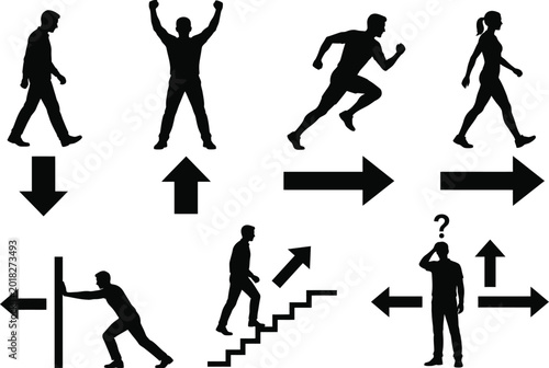 Valokuva Human Movement Direction And Action Silhouette Set
