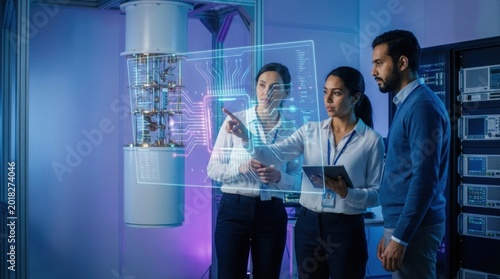 Team of scientists analyzing holographic computer chip in modern laboratory. Engineers working on quantum computing technology