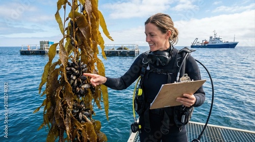 Female marine biologist inspecting mussels on kelp at an aquaculture farm. Scientist diver working in ocean with research ship background