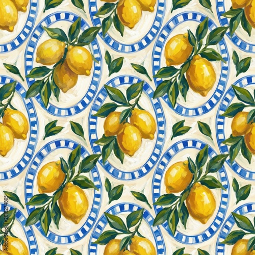 Seamless Mediterranean Style Pattern Featuring Fresh Lemons on Blue and White Striped Ceramic Plates, Artistic Hand-Painted Citrus Background