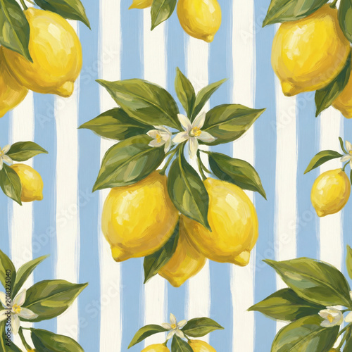 Seamless Mediterranean Lemon Citrus Pattern with Green Leaves and Blossoms on Blue and White Striped Background - Hand-Painted Watercolor Style for Textile and Wallpaper Design