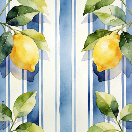 Fresh Watercolor Lemon Branch Pattern with Green Leaves on Blue and White Striped Background, Mediterranean Style Citrus Illustration for Textile and Home Decor Design