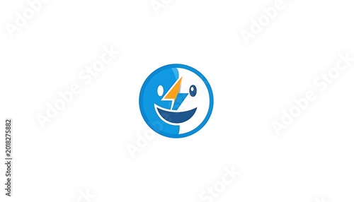 Smiling face with lightning bolt logo.