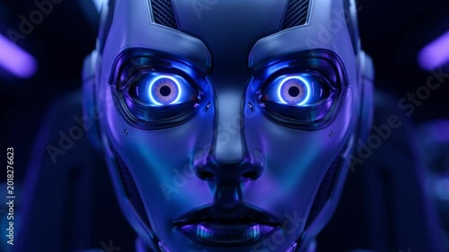 Extreme Close Up of Futuristic Robot Eyes with Neon Blue Glow in Cyberpunk AI Environment