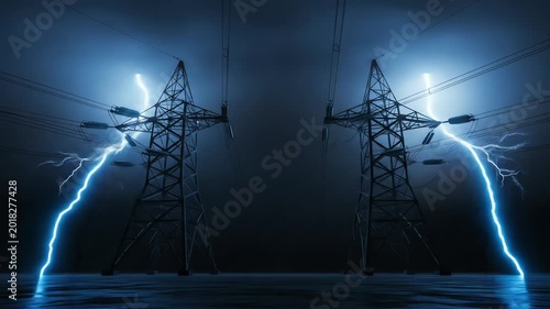Electric Storm - Power Lines and Lightning Strikes in the Night.