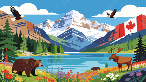 Foto Vibrant Canadian Rocky Mountain landscape with diverse wildlife, including a bear, elk, and eagles, set against a backdrop of snow-capped peaks and a Canadian flag
