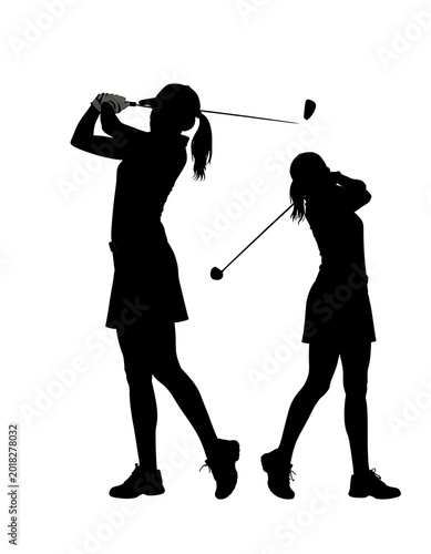 Women playing golf in silhouette style.