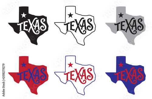 Six Texas state silhouettes featuring decorative lettering in red, white, blue, black, and gray. Perfect for t-shirts, stickers, Texas pride merchandise, and commercial branding.