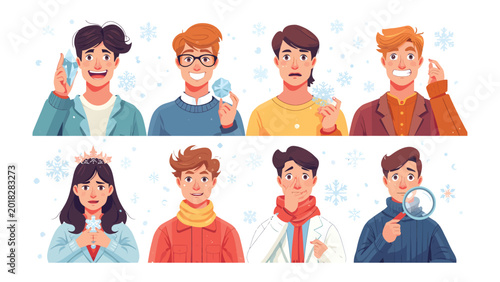 Foto Winter Portrait Gallery: A collection of diverse individual portraits, each capturing a unique expression and style against a backdrop of falling snowflakes